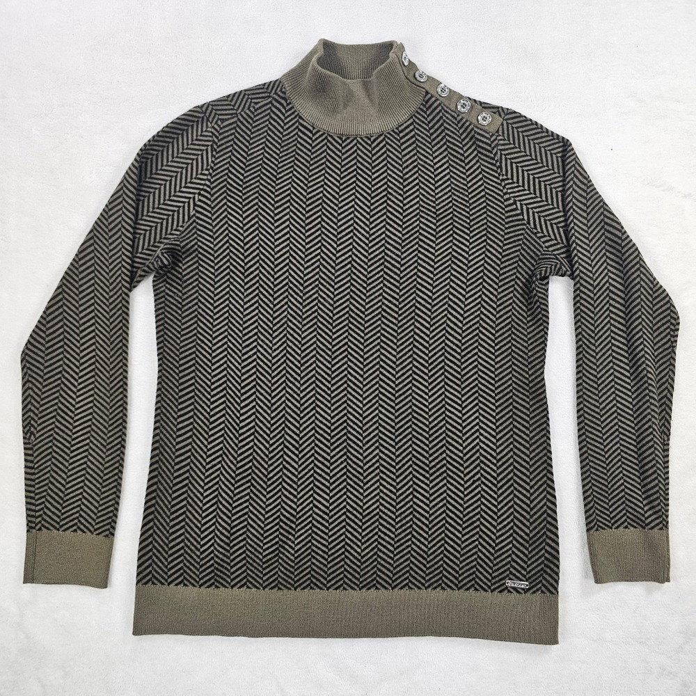 Calvin Klein Sweater Womens Medium Olive Green Chevron Mock Neck Button Top